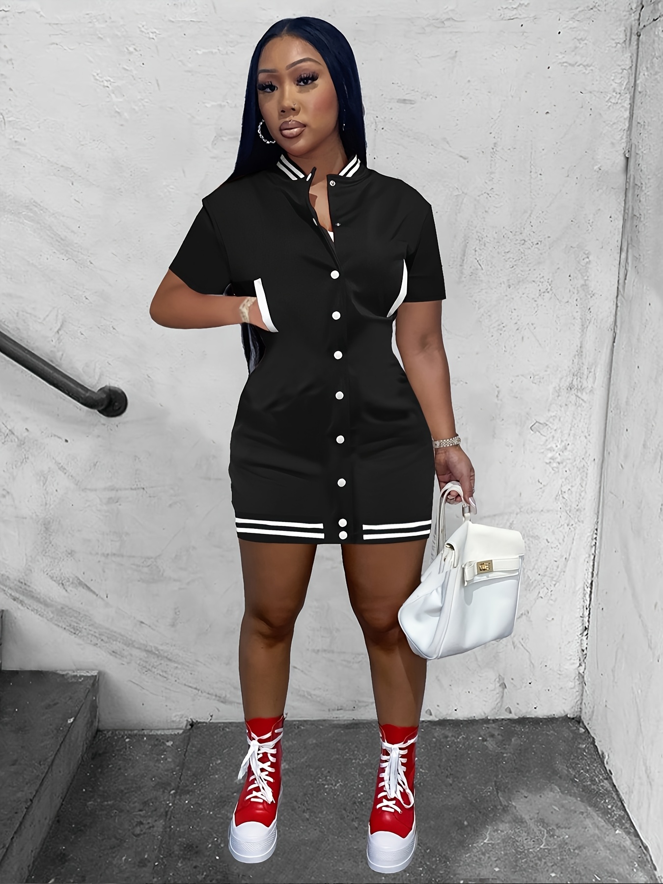 baseball bodycon dress Baseball Style Women's Short Sleeve Pocket Single Breasted Dress * Bodycon
