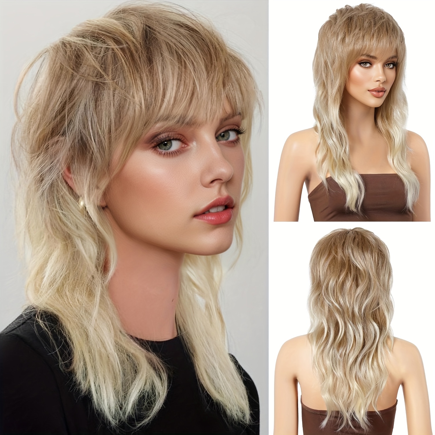 Image of 16 Inch Short Blonde Shaggy Layered 80s Mullet Wig With Bangs Wolf Cut Curly Synthetic Funny Adult Fake Replacement Wigs For White Women Daily Party Cosplay Costume Use Spring Wig