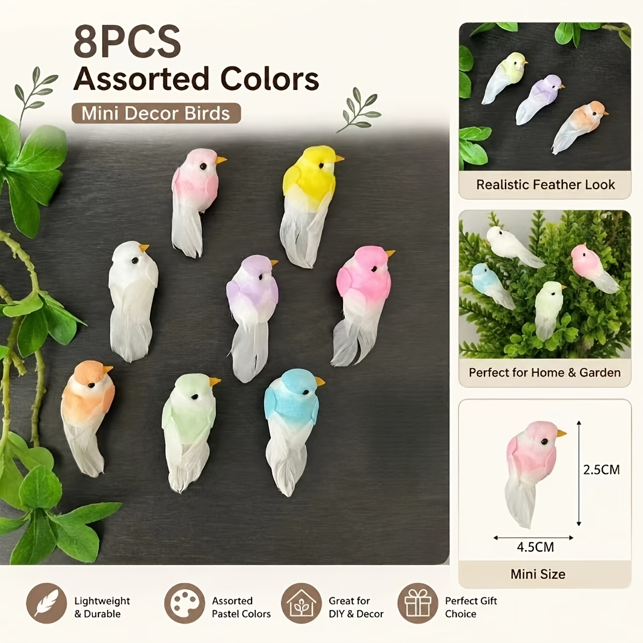 TEMU 8pcs Mini Simulation Decorations, Foam Bird Ornaments, Green Plant Floral Branch Wreath Decorative Birds, Home Desktop Diy Handmade Holiday