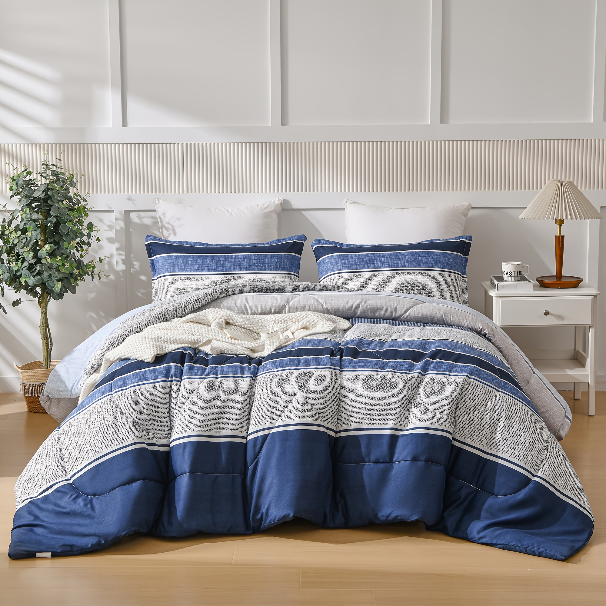 

2/3pcs Striped Comforter Set Twin Queen King Size Blue White Bedding Set Soft Microfiber Lightweight Breathable Hypoallergenic Non-zippered Bed In A Bag