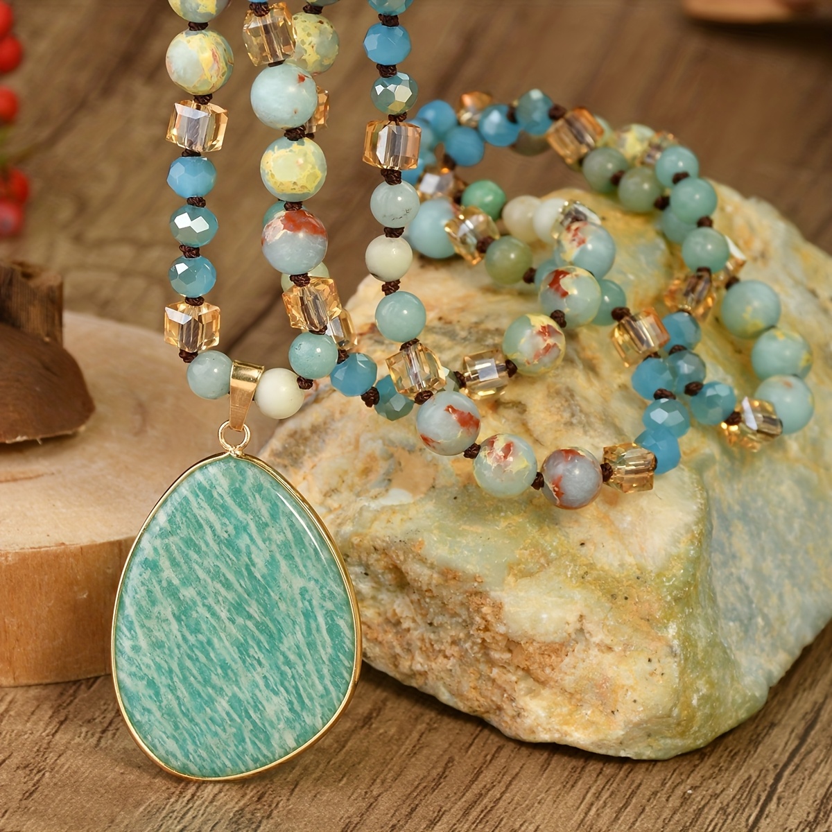 Image of 1pc Bohemian Fashion Amazonite Stone Pendants Long Necklace Women Jewelry Perfect Gifts For Spring/summer Casual Attire, Mother's Day Gift Holiday Jewelry