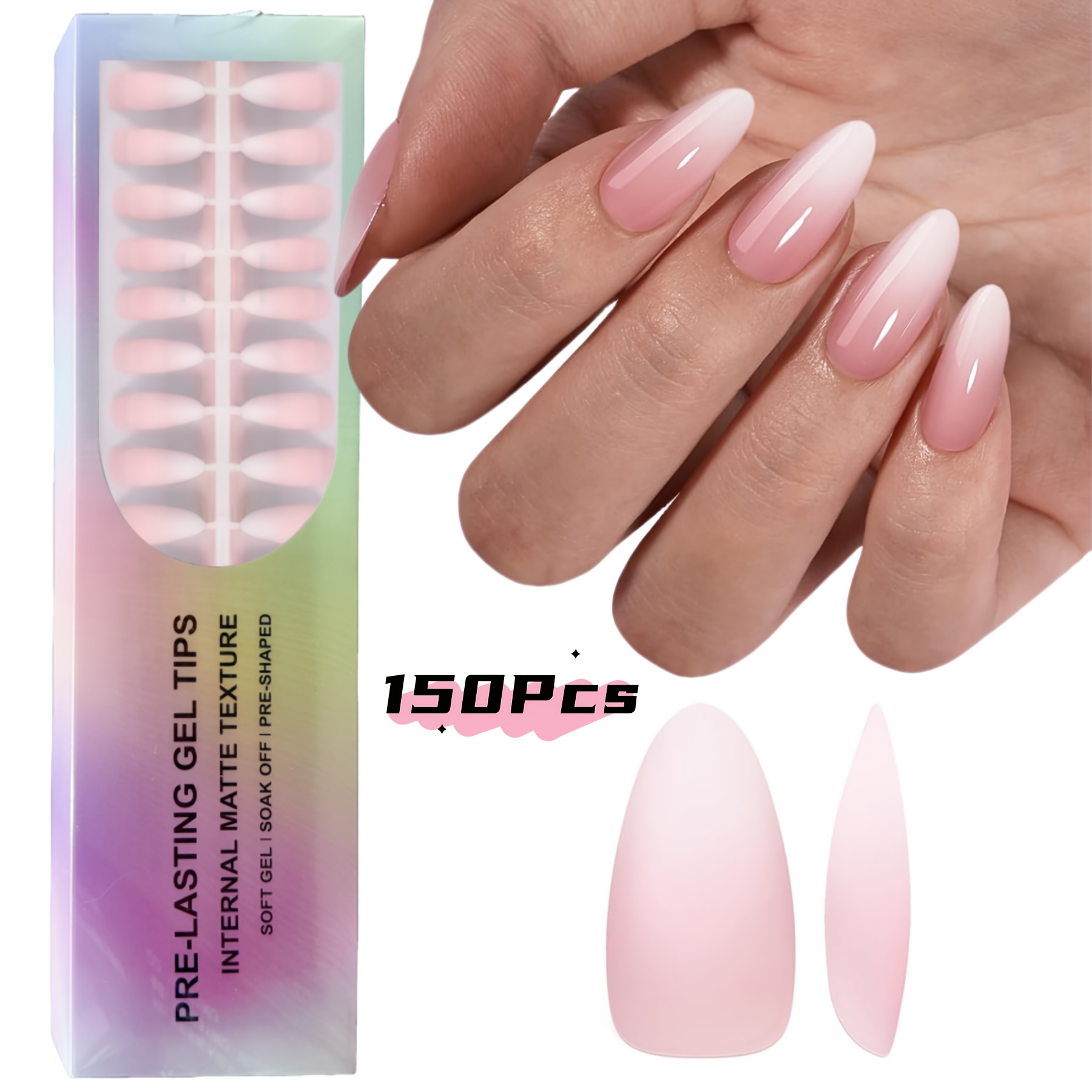 150pcs Short Almond Press-on Nails, Nude And Pink Ombre Soft Gel Tips, Diy False Nails In 15 Sizes For Women, Simple And Versatile Style