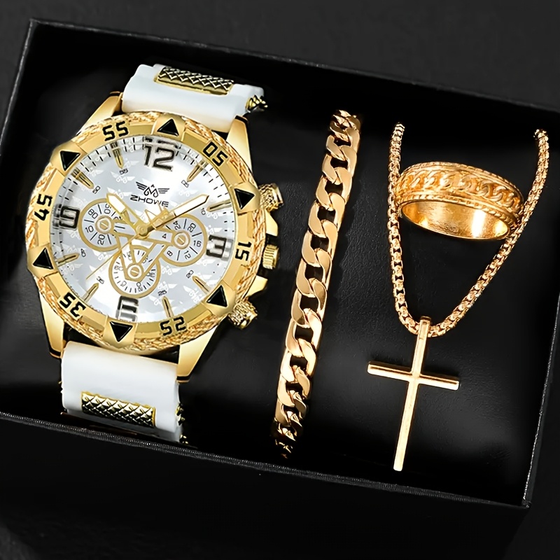 4 piezas Reloj de cuarzo para hombre y conjunto de collar, pulsera, anillo - Correa de silicona, caja de aleación, batería operada, no resistente al agua, esfera redonda, ideal regalo para amigos - Adecuado para ocasiones de negocios o informales Conjunto de regalo