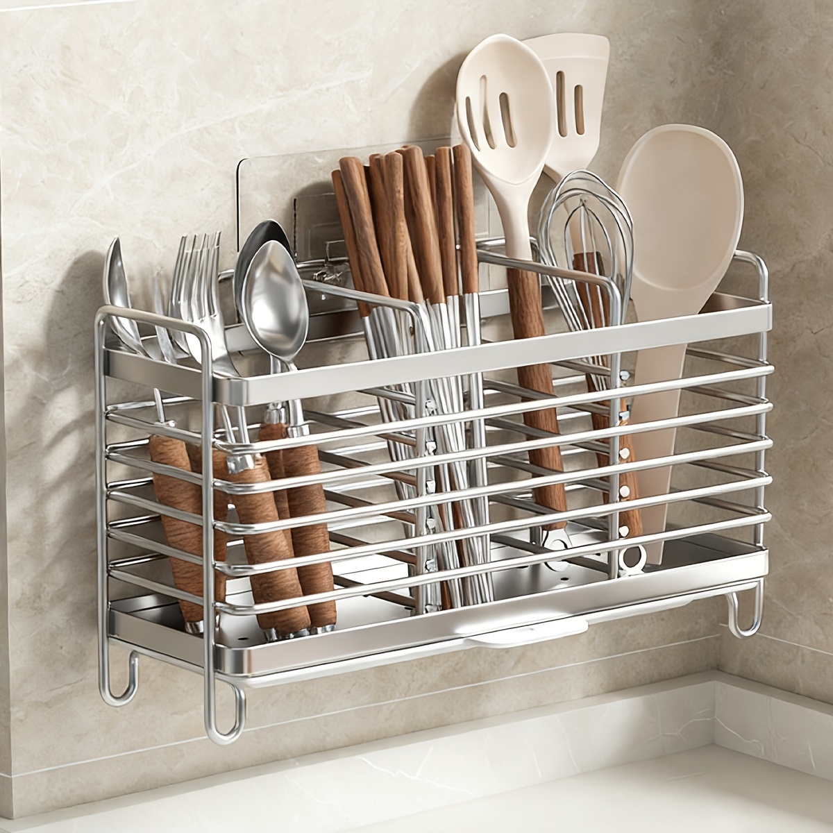 TEMU Organizador de Utensilios de Acero Inoxidable | Soporte para Cubiertos de Encimera y Montaje en Pared con Drenaje, Almacenamiento Dividido para