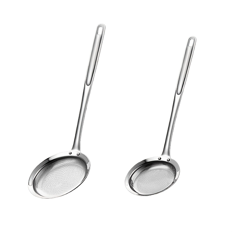 TEMU Bright Stainless Steel Skimmer Ladle, Kitchen Fine Mesh Strainer, Food Residue Dense Hole Filter Oil Net Sieve Spoon, For Safe Cooking, Draining