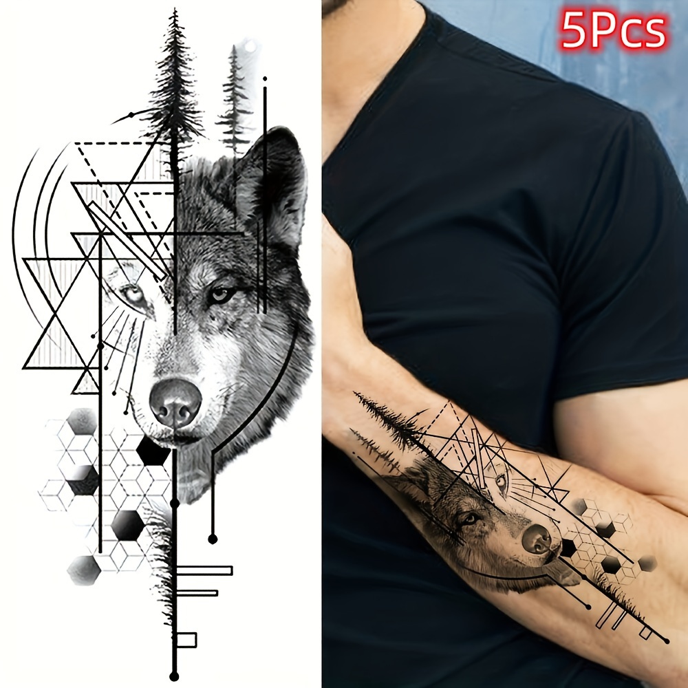 

5pcs Men's Temporary Wolf Tattoos, Water-resistant Body Art Stickers, Geometric Forest Wolf Design For Arm