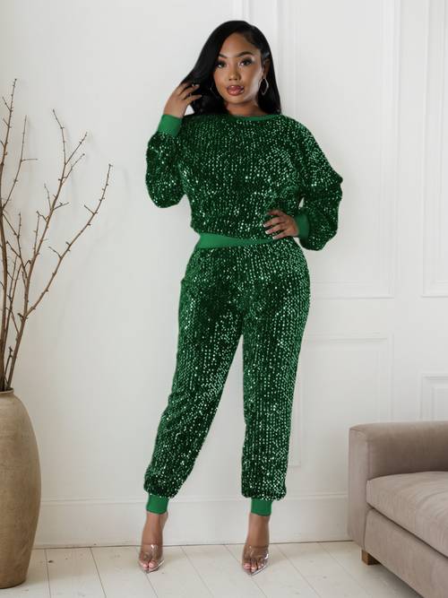 round neck long sleeve sequin top ankle cinching pants party two piece set