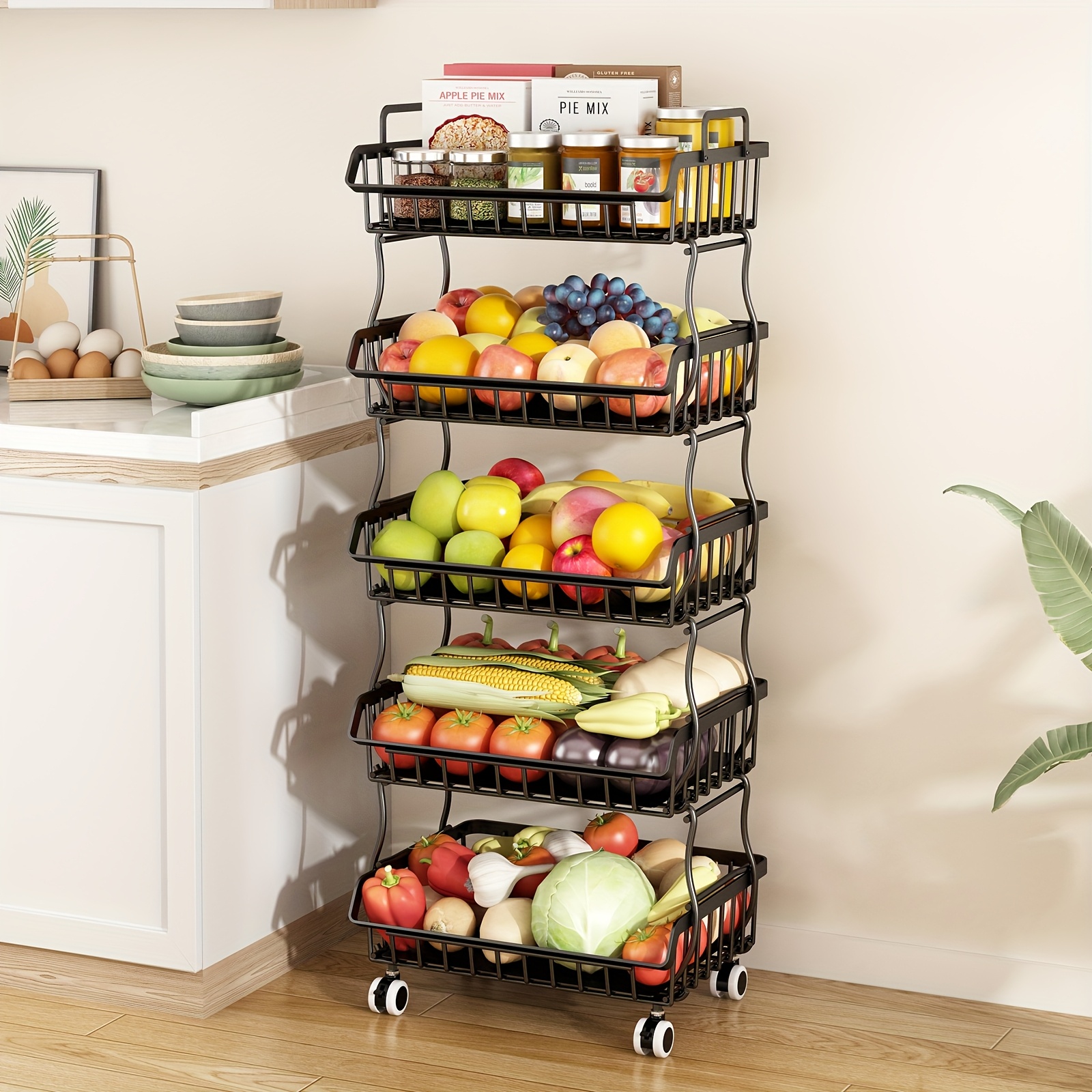 TEMU 5/6 Tiers Fruit Vegetable Basket For Kitchen, Fruit Vegetable Storage Baskets With Wheels, Metal Wire Storage Basket Organizer Baskets For