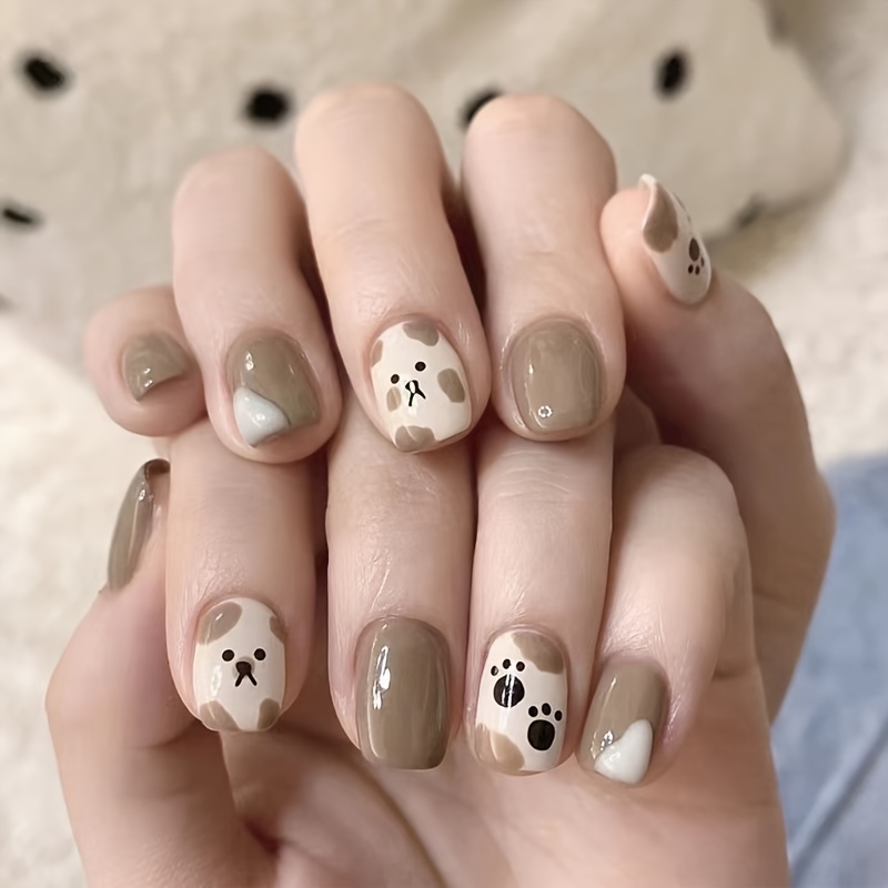 

24-piece Cute Puppy Nail Art Tips For Girls - Mixed Color Oval Short Press-on Nails With Animal Patterns, For , Office, Parties, And Outdoors - Includes Nail File And Jelly Glue