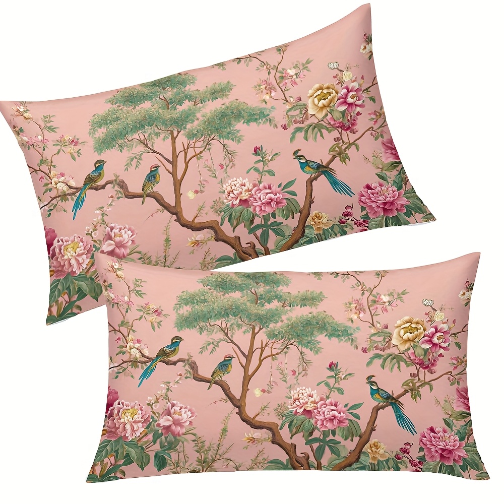 TEMU Set Of 2 Soft And Elegant Pillow Covers, Excluding Pillow Inserts, Measuring 12x20 Inches - Featuring A Chinese-style Wallpaper Design With Pink