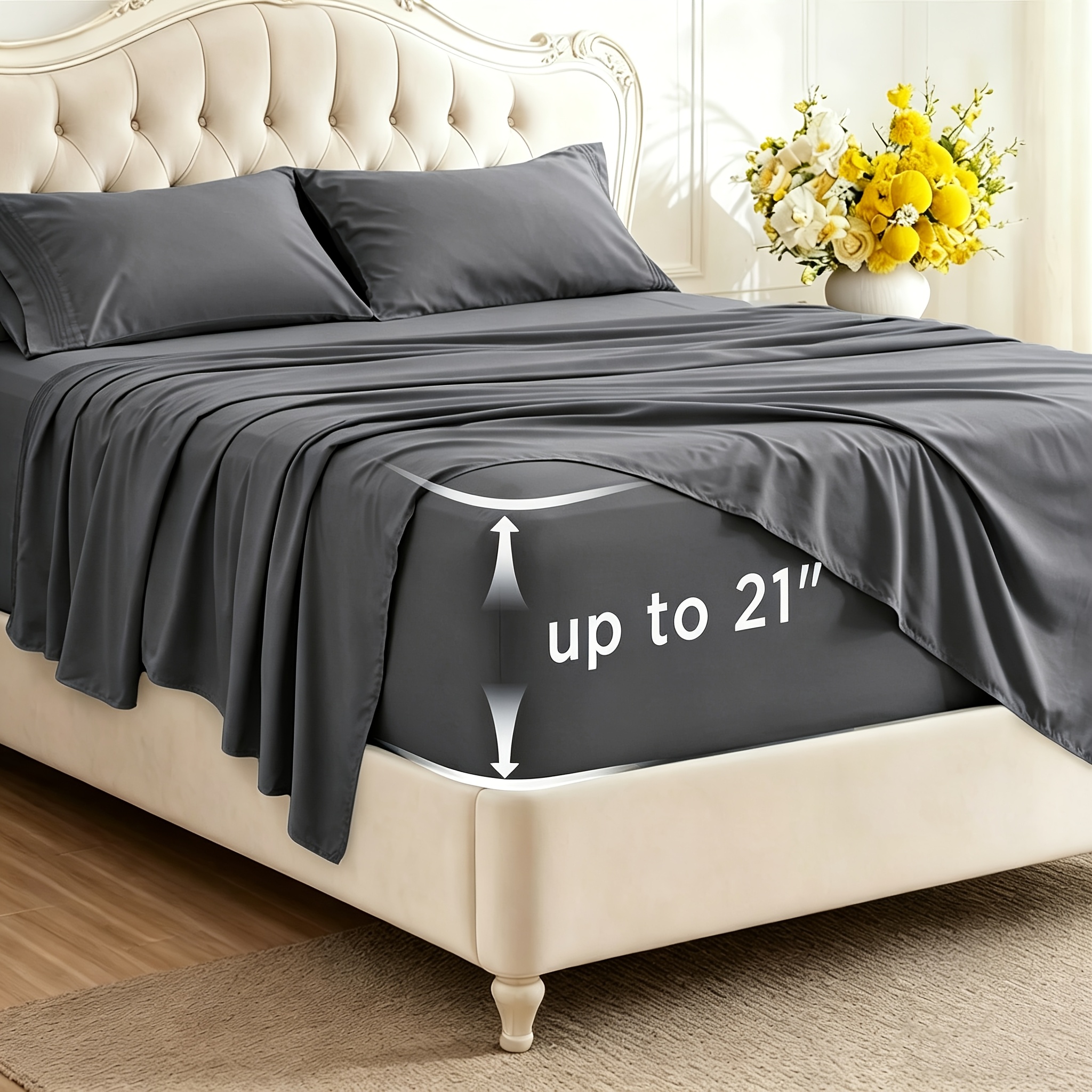 TEMU Draps en bambou à poche extra profonde, ensemble de 4 pièces ultra-doux et de luxe - Draps ultra-rafraîchissants, ensemble de draps-housses de