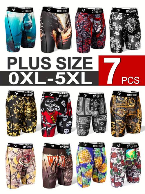 7pcs Plus Size Men S Long Boxer Briefs - Moisture-Wicking Breathable Stretch Fabric, Anti-Chafing Design with Cartoon & Graphic Prints, Plus Size 0XL-5XL for Gym Running Casual Wear - Valentine S Gift for Boyfriend, Comfortable Undergarment, Pattern Underwear, Durable Elastic Waistband, PLUS SIZE