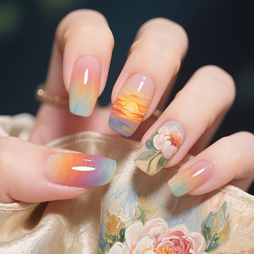 TEMU Yellow, Sunrise, Glossy End, Mid-length, Square Shape, 24pcs, False Nails, Press-on Nail Stickers, Gothic Nails, Manicure, Nail Set, Women's