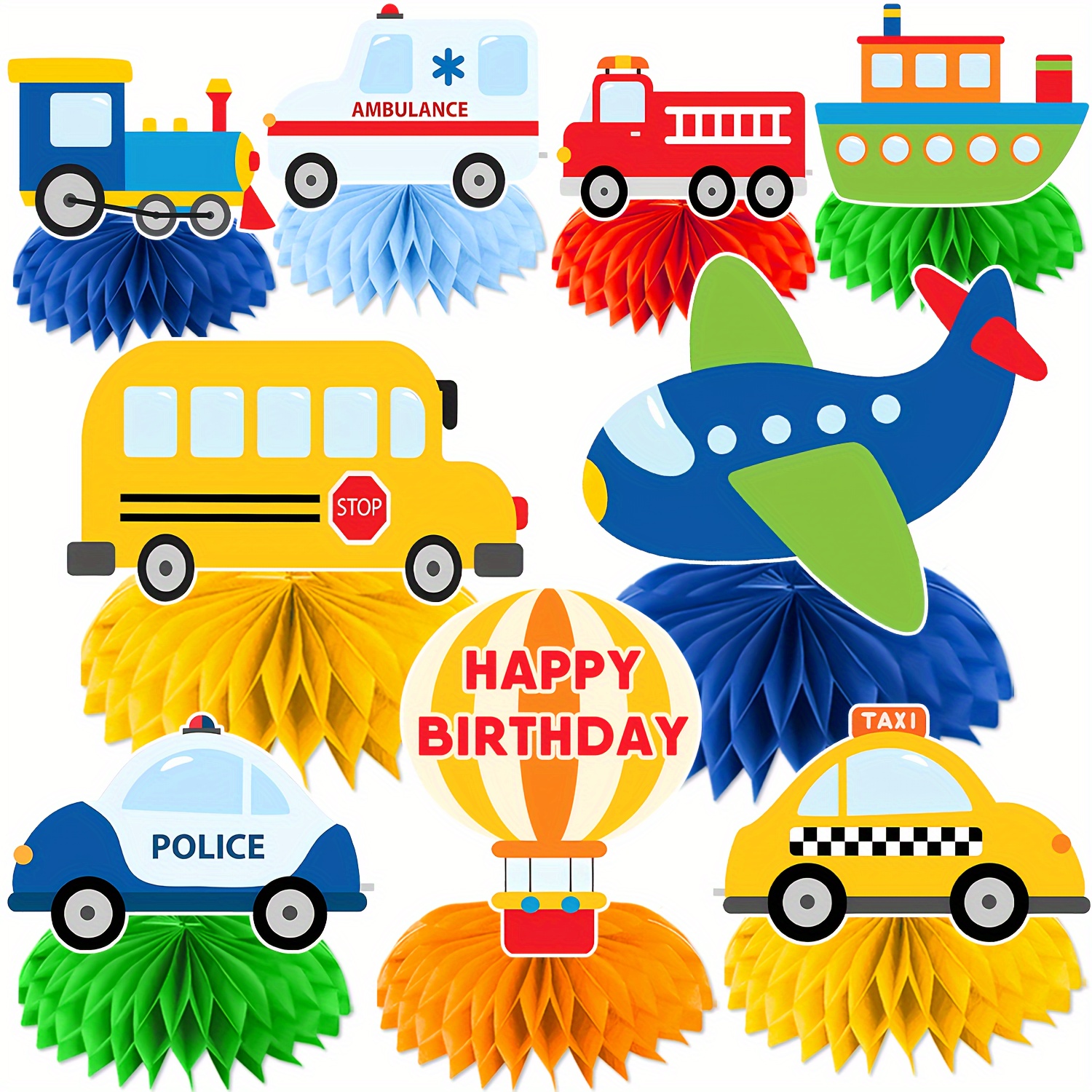 Image of 9pcs, Transportation Party Decorations, Transport Vehicle Birthday Decoration Honeycomb Ornament, For Living Room Table Decoration - Suitable For Transportation Birthday Party Celebrations
