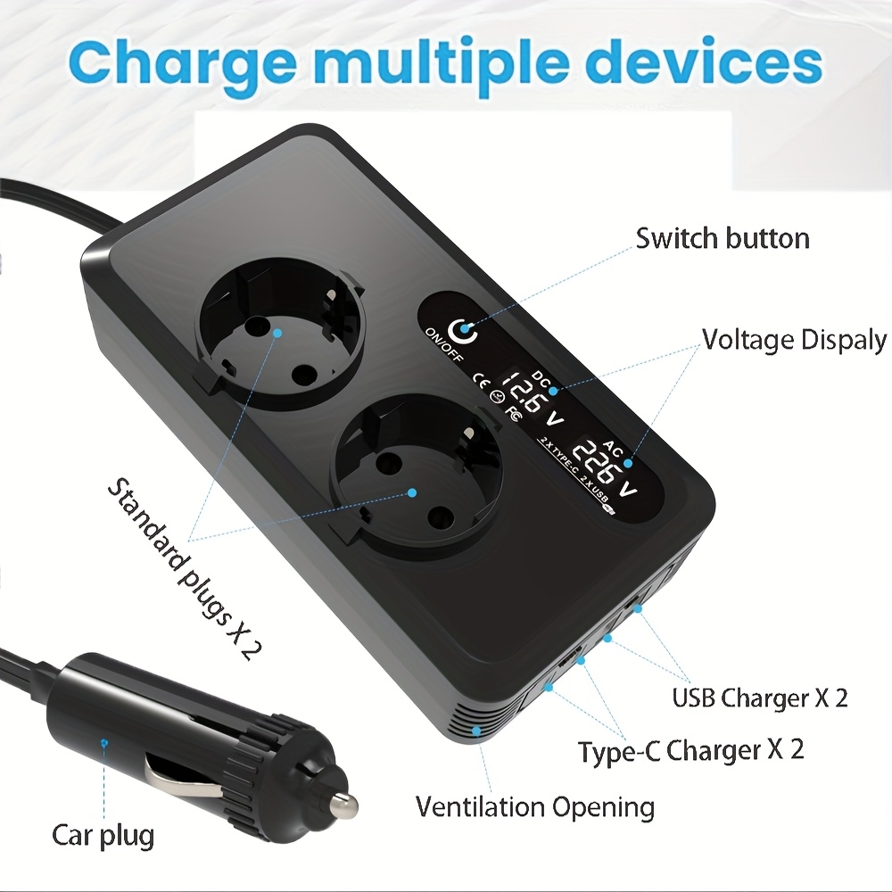 Onduleur de Puissance pour Véhicule 400W Convertissant DC 12V en AC 230V, avec Adaptateur de Voiture et 2 Ports USB, 2 Ports Type-C, un Écran LCD et des Prises AC, Conçu pour l'UE – Image 5