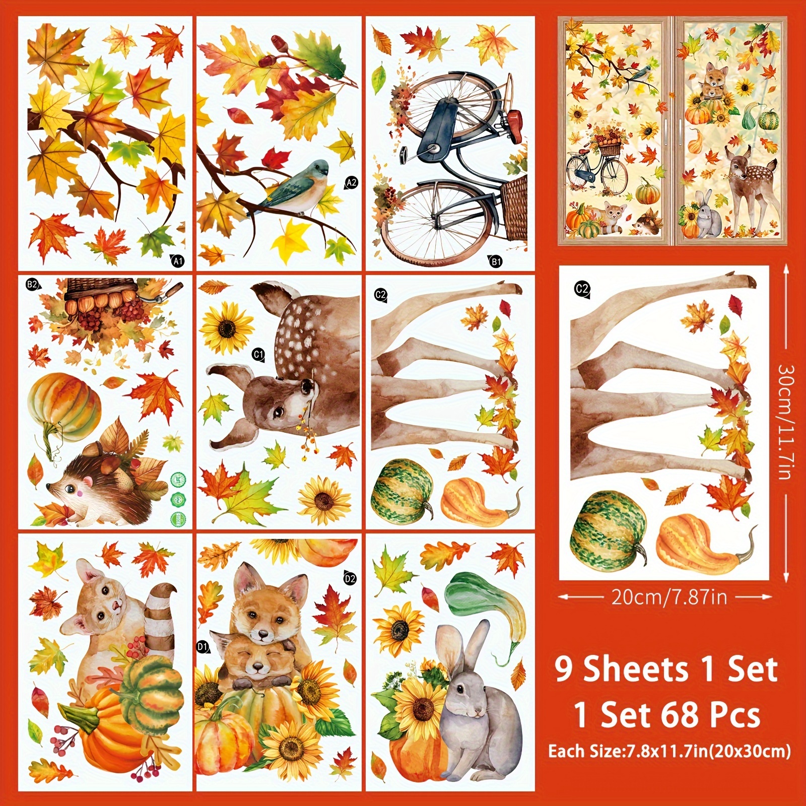 Image of 9 Sheets/68pcs Large Size Fall Window Cling Sticker, Thanksgiving Hedgehog Deer Pets Animals Pumpkin For Home Party Supplies Shop Window Glass Display Decoration