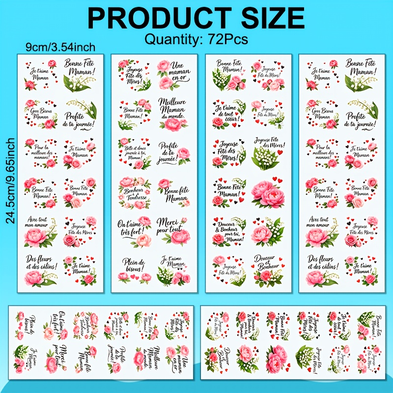 TEMU Papier Transfert Thème Floral avec Citations de Maman Française - Fleurs Roses Vives, 72 Feuilles/Lot, Papier Transfert DTF UV Imperméable,
