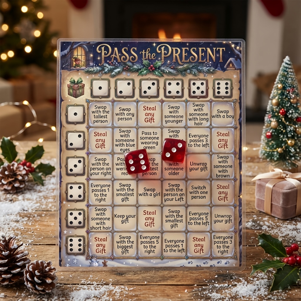 TEMU Christmas "gift Exchange Dice Game", A Board-style Christmas Gift Exchange Card Game With Vintage Christmas Illustration Prints, With Dice. Dice