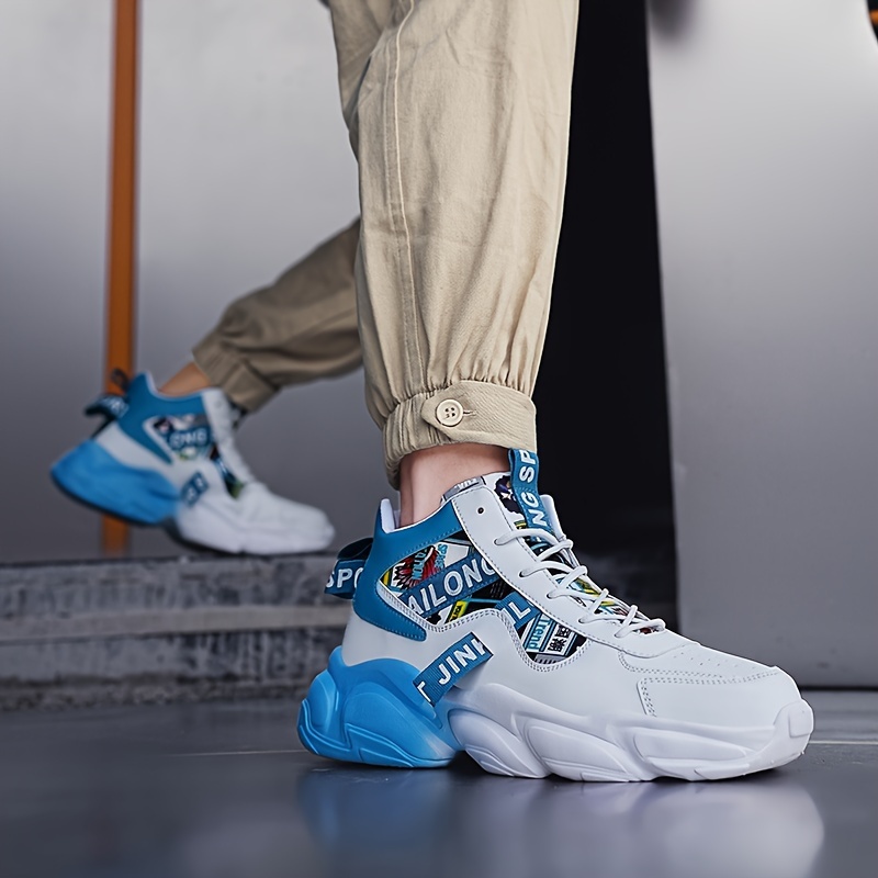 Zapatillas casuales de caña alta para hombre con patrón aleatorio, ajuste universal, cierre de cordones, uso para todas las estaciones, punta redonda, suela de PVC, plantilla de tela y parte superior de imitación.