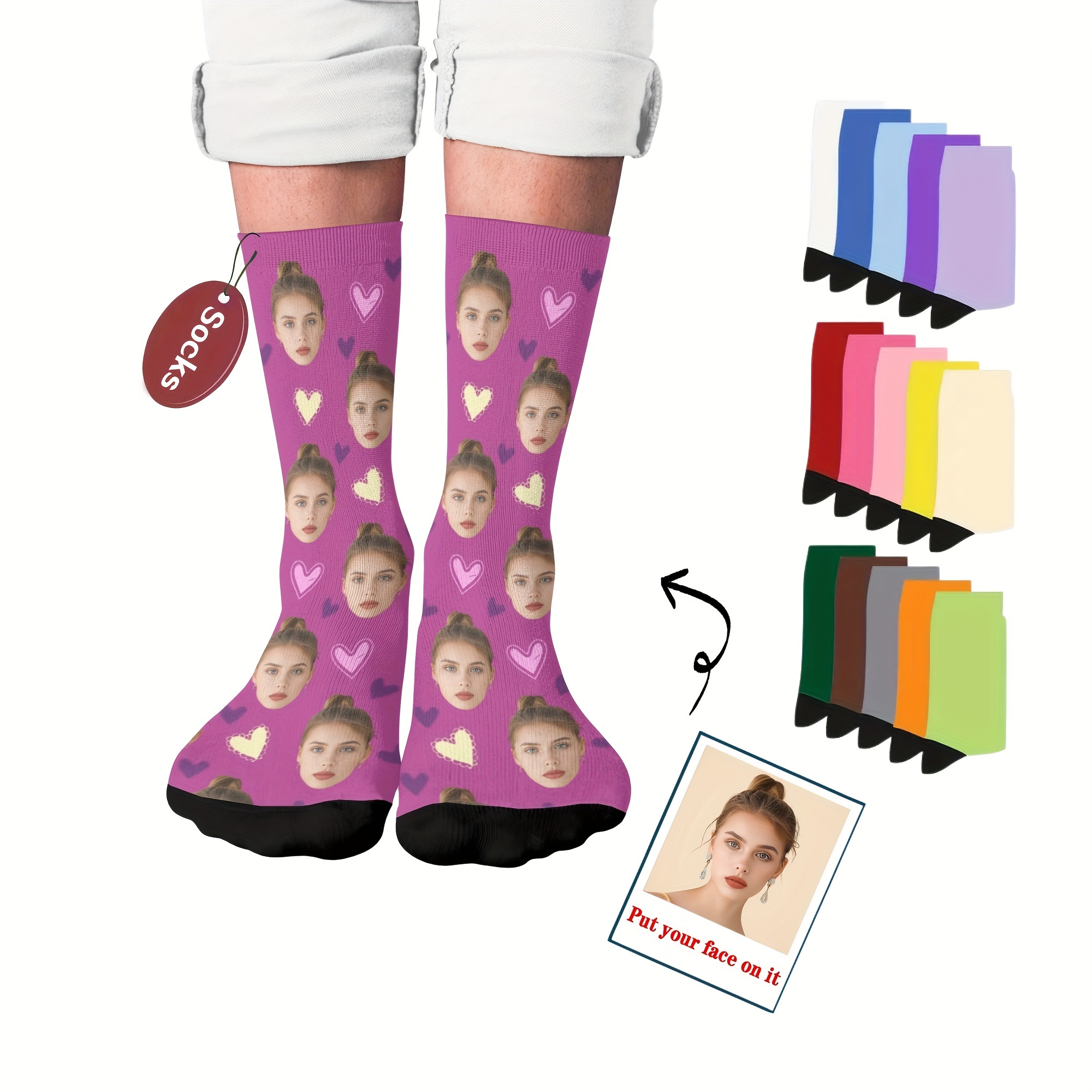 

Custom Face Socks, Personalized Funny Gift Crew Socks With Photo Customized, Faces And Hearts Print, Novelty Trendy Party Present Socks For Men Women