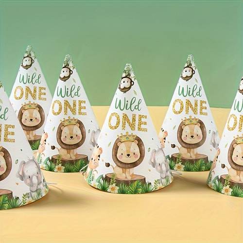set of 6 paper party hats featuring jungle animals decorating year olds birthday celebration or baby shower