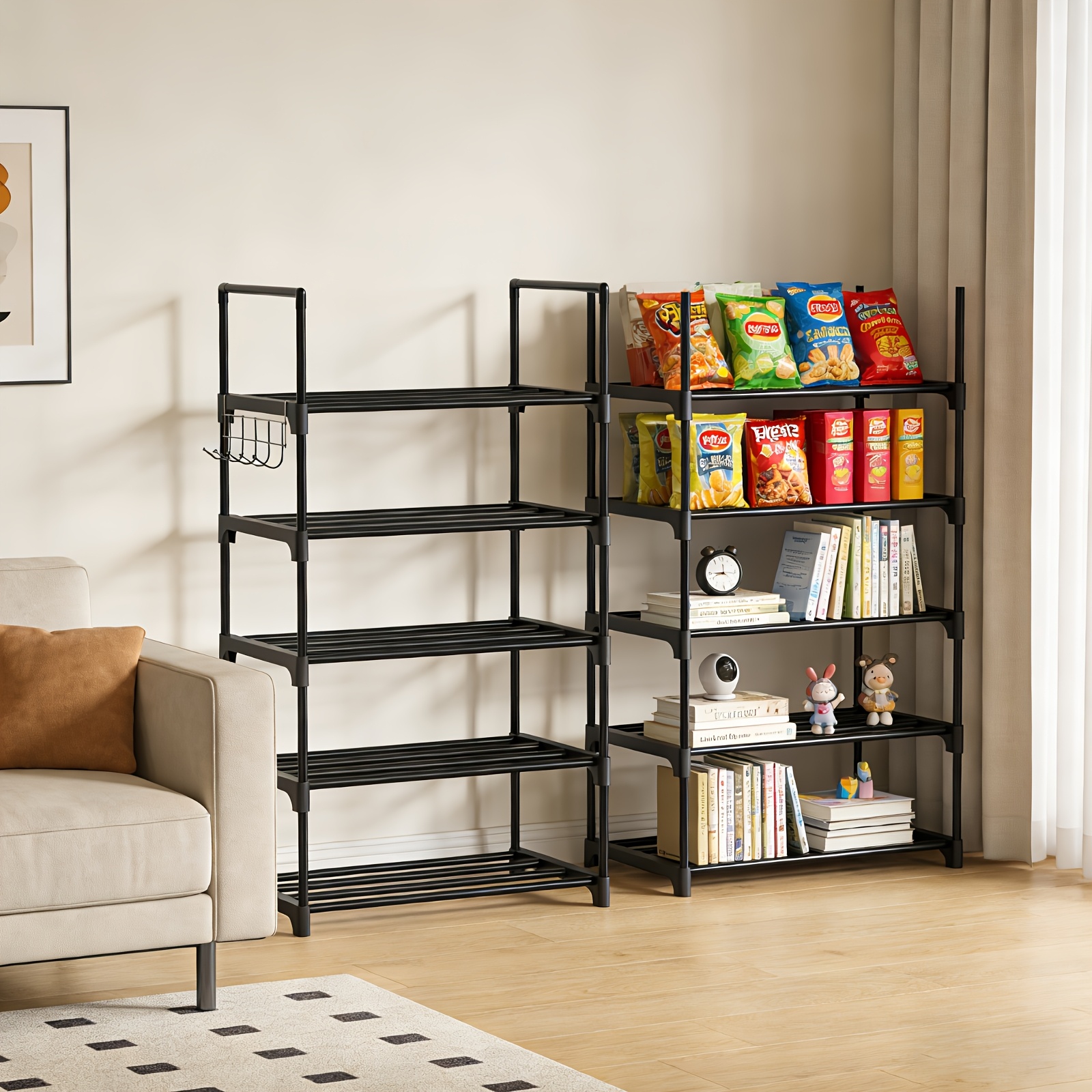 Image of 10 Tier Shoe Rack, Tall Shoe Storage Organizer With Hooks Free Standing Shoe Shelf Stand For 20pairs Of Shoes, Space Diy Organizer Shelf Rack For Living Room, Bedroom, Entrance Hall
