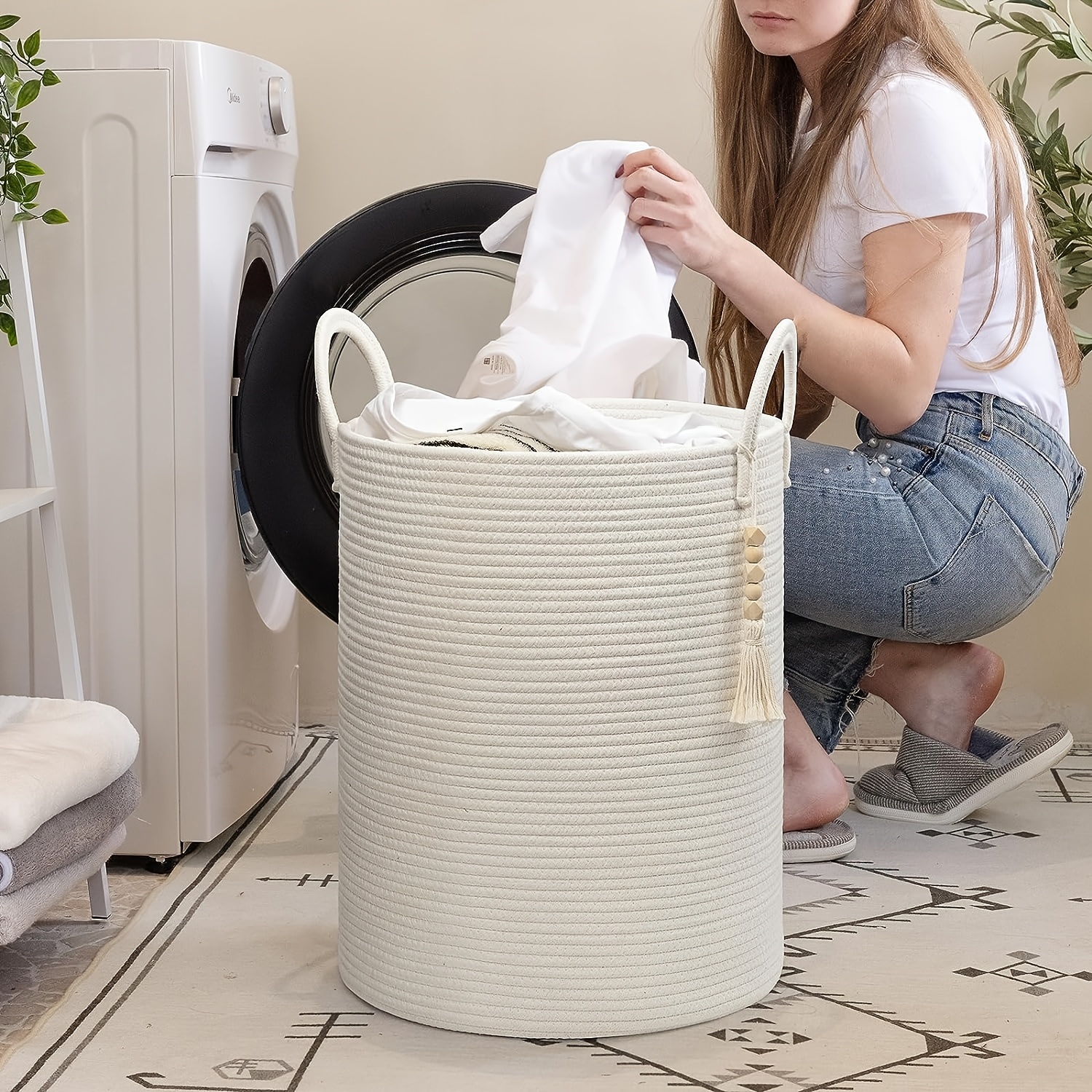Large 65L Woven Rope Laundry Basket, Tall Hamper for Storing Dirty Clothes, Blankets, And, Ideal for Organizing in Bedrooms And Living Rooms - Collapsible - Beige, Shelf Baskets