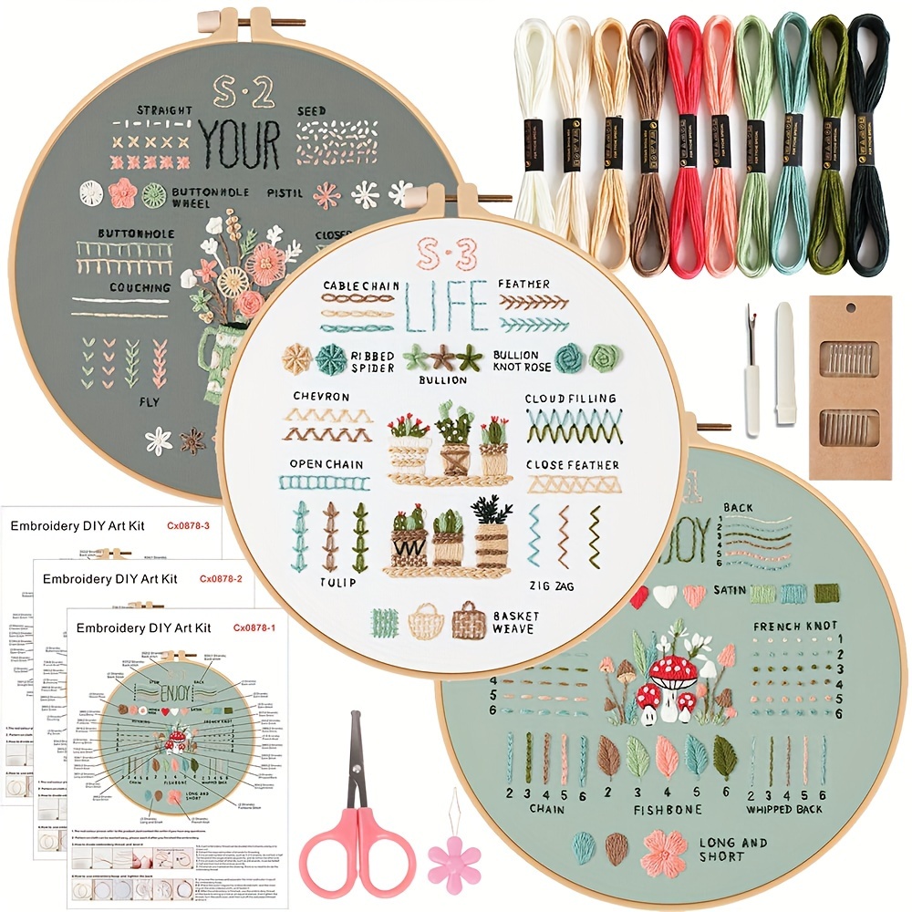 

Seasonal Charm, Complete 3pcs Floral Embroidery Kit With Bamboo Hoop, Pink Scissors & Thread Puller - Diy Hand Sewing Set For All