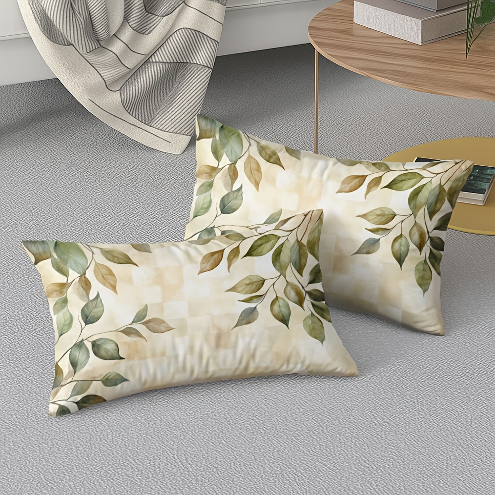 TEMU Juego de 2 fundas de almohada lumbar con base y diseño de hojas verdes y marrones, 12X20 pulgadas/30X50 cm, cierre de cremallera, impresión ,