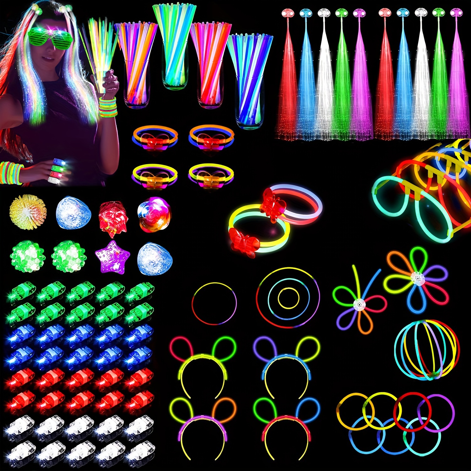 

290pcs Glow In The Dark Party Supplies For Adults, Light Up Party Favors With Light Up Glasses, 40 Finger Rings, Glow Sticks Bulk Party Pack Diy Glow Necklaces Bracelets, Neon Party Supplies