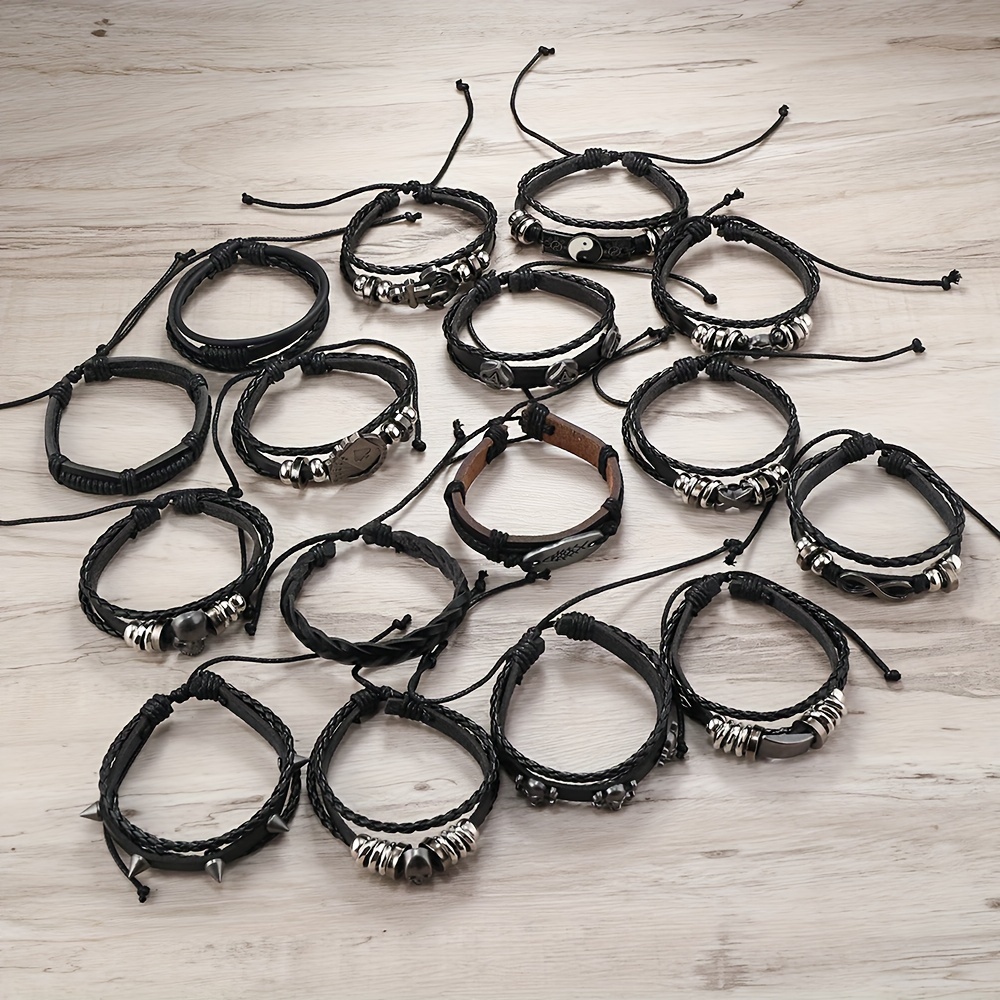 16pcs Adjustable Faux Leather Men's Bracelet Set