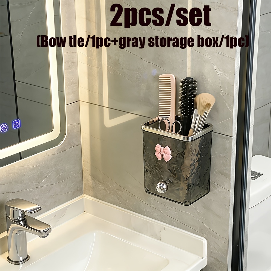 TEMU 2pcs Set Including Wall-mounted Storage Box (1pc) + Bow Accessory (1pc), Transparent Wall-mounted Cosmetic Organizer With Hook, Light Luxury
