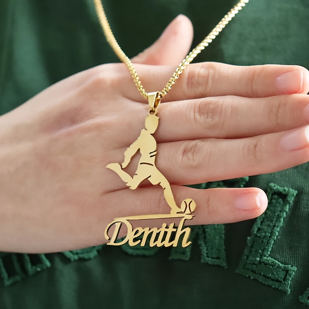 TEMU Custom Bead Chain Name Necklace, Stainless Steel Soccer Name Necklace, Personalized Sports Tag With Detachable Pendant, Soccer Fan Necklace, A