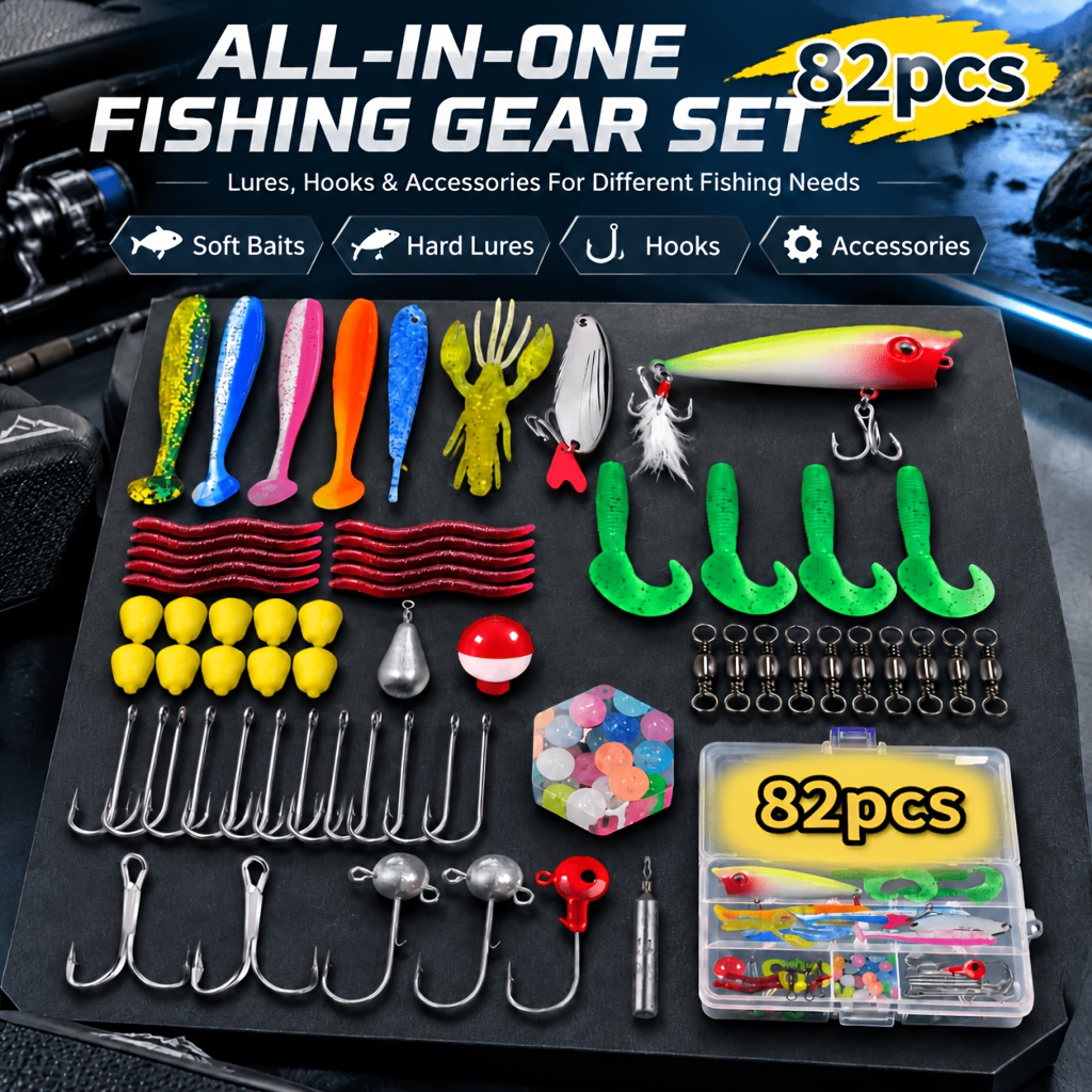 TEMU Kit completo di esche da pesca adatte per acqua e - Esche dure e morbide con ami, , connettori e perline - Attrezzatura per traina e pesca sul