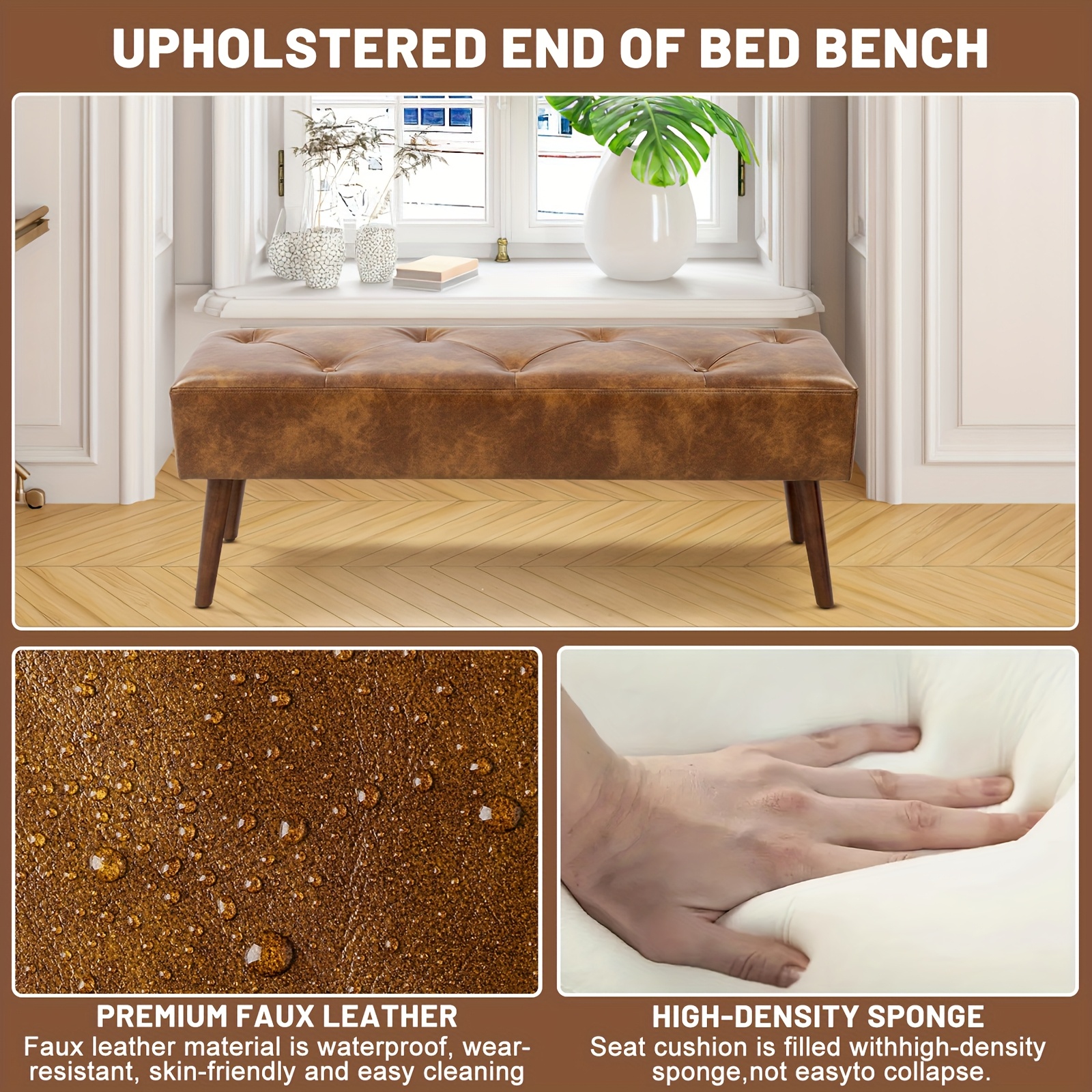 44-inch Brown Pu Bench, Bedroom Bench, Living Room Shoe Bench, Suitable for Multiple Scenes, Multiple Colors Available