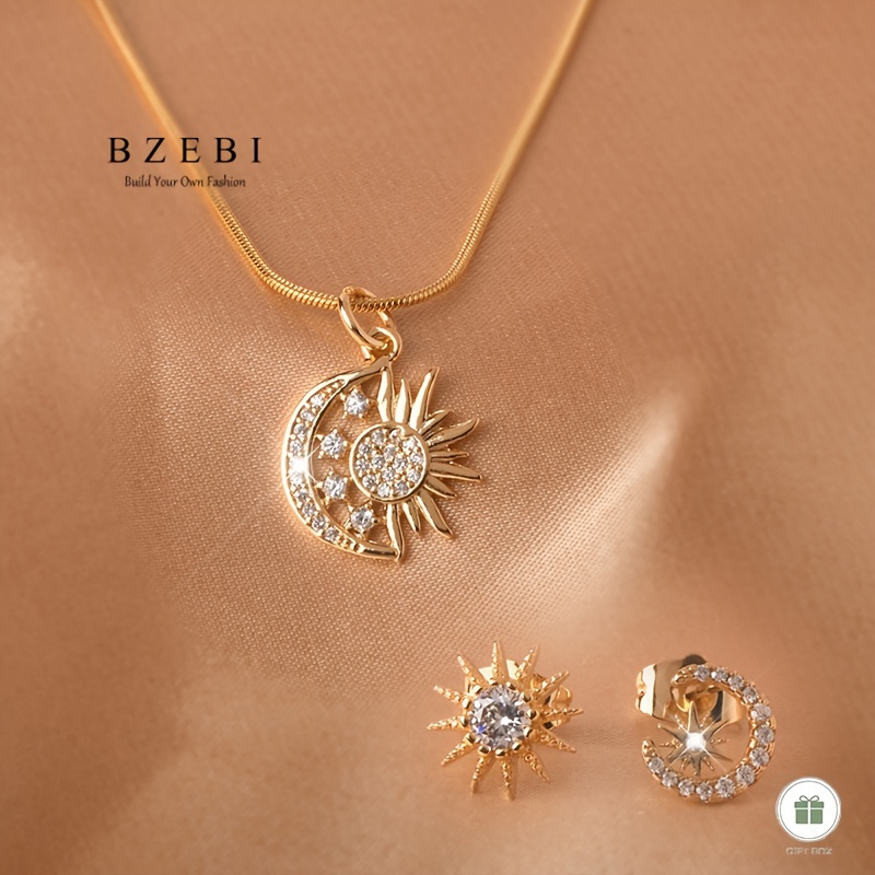 Image of 18k Golden Plated 2pcs Synthetic Zirconia Sun Moon Jewelry Set Fashion Jewelry Easy Women's Birthday Christmas Mother's Day Valentine's Day Adjustable Gift With Gift Box 111n 930e
