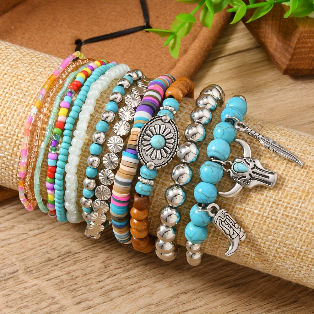 12 peças Pulseira de Contas Coloridas com Berloques   de   e    , Sementes Xiaomi, Acessório Estiloso para Festas, Joias Bohemian, Design Comprido,   Durável, Miçangas  , Bijuteria Fashion,     Festival  
