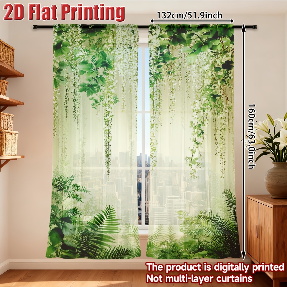 TEMU 2d Flat - 2d Flat - Set Of 2 Flat Gauze Curtains Featuring Nature Vines Design, Perfect For A Stylish Touch To Your Home. Semi-sheer Chiffon