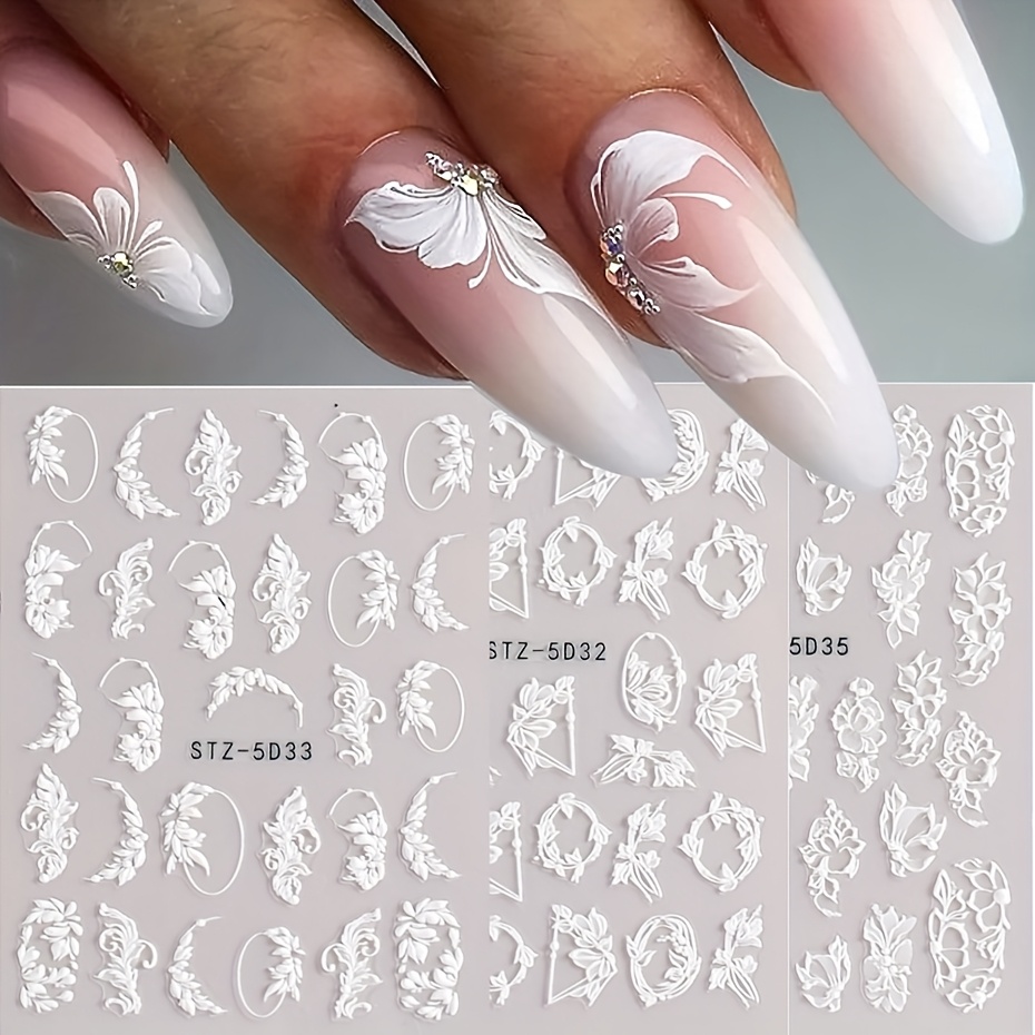 5pcs white flowers lace nail stickers 5d decals embossed - Temu Canada