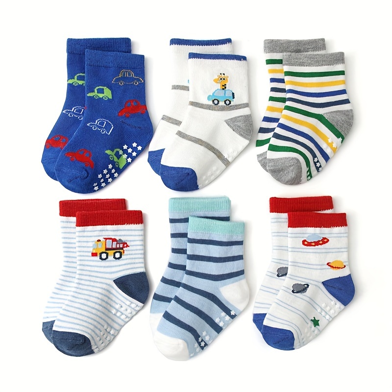Image of 6 Pairs Of Boys' Non-slip Socks With Cute Cartoon Designs, Comfortable And Breathable, Suitable For Children To Wear For All Year Round