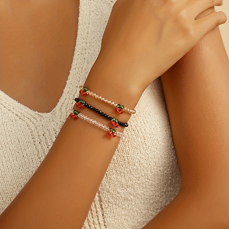 Image of 1 Set Of 3pcs And Fashionable Colorful Artificial Crystal Cherry Bracelet Set, Suitable For Women' Versatile And Vacation Wear