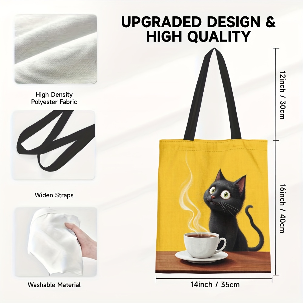 TEMU 1pc Yellow Cartoon Cat Coffee Canvas Tote Bag - Reusable Multipurpose Grocery Bag, Ideal For Shopping, Travel, Work, Parties - Perfect Gift For