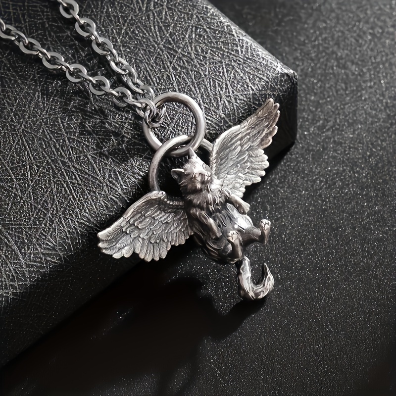 

1pc Sterling Silvery Winged Cat Pendant Necklace, 3d Animal Charm, Fashionable Jewelry, Gift For Couples And Pet Lovers