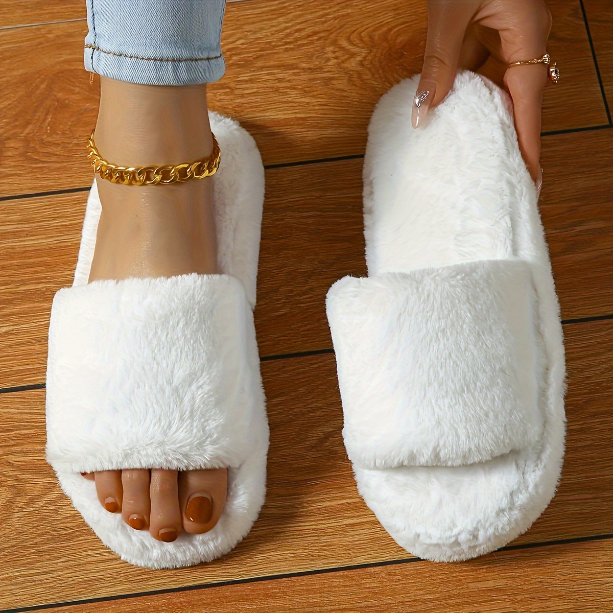 

Fluffy Plush Home Slippers For Women, Open Toe Cozy & Warm Soft Sole Flat Shoes, Comfortable Indoor Floor Slippers