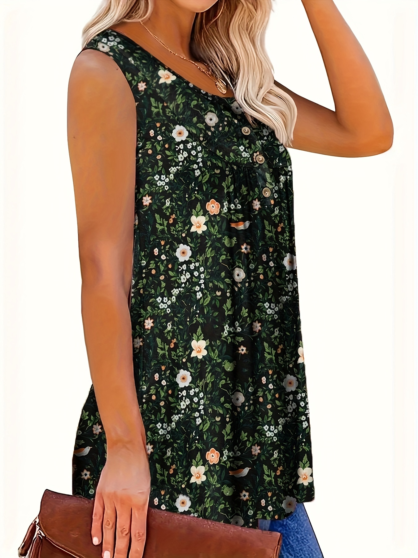 Women'S Floral Print Sleeveless Henley Neck Top - Casual Summer Tank Top, Green with White Flowers, V-Neck, Button Detail, Polyester Fabric, Perfect for Vacation or Casual Attire, Summer Casual Wear | Vneck Top | Medium Stretch Material, Floral Print Tank To