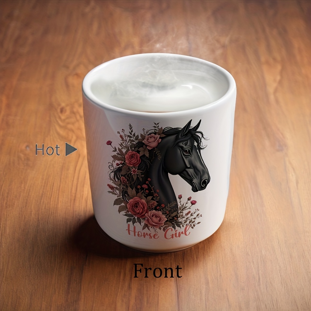 Image of 1pc, "rustic Horse Girl Floral Mug: A Unique Ceramic Cup With Elegant Color Changing Mug - 11oz Cup 60°c/ 140°f White To Black, Insulated For Drinks, Hand Wash