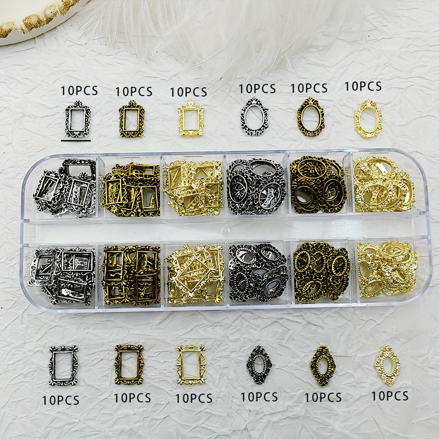 120pcs/box Nail Art Jewelry Retro Alloy Old Carved Pattern Photo Frame Series Ins Three-dimensional Nail Decorations