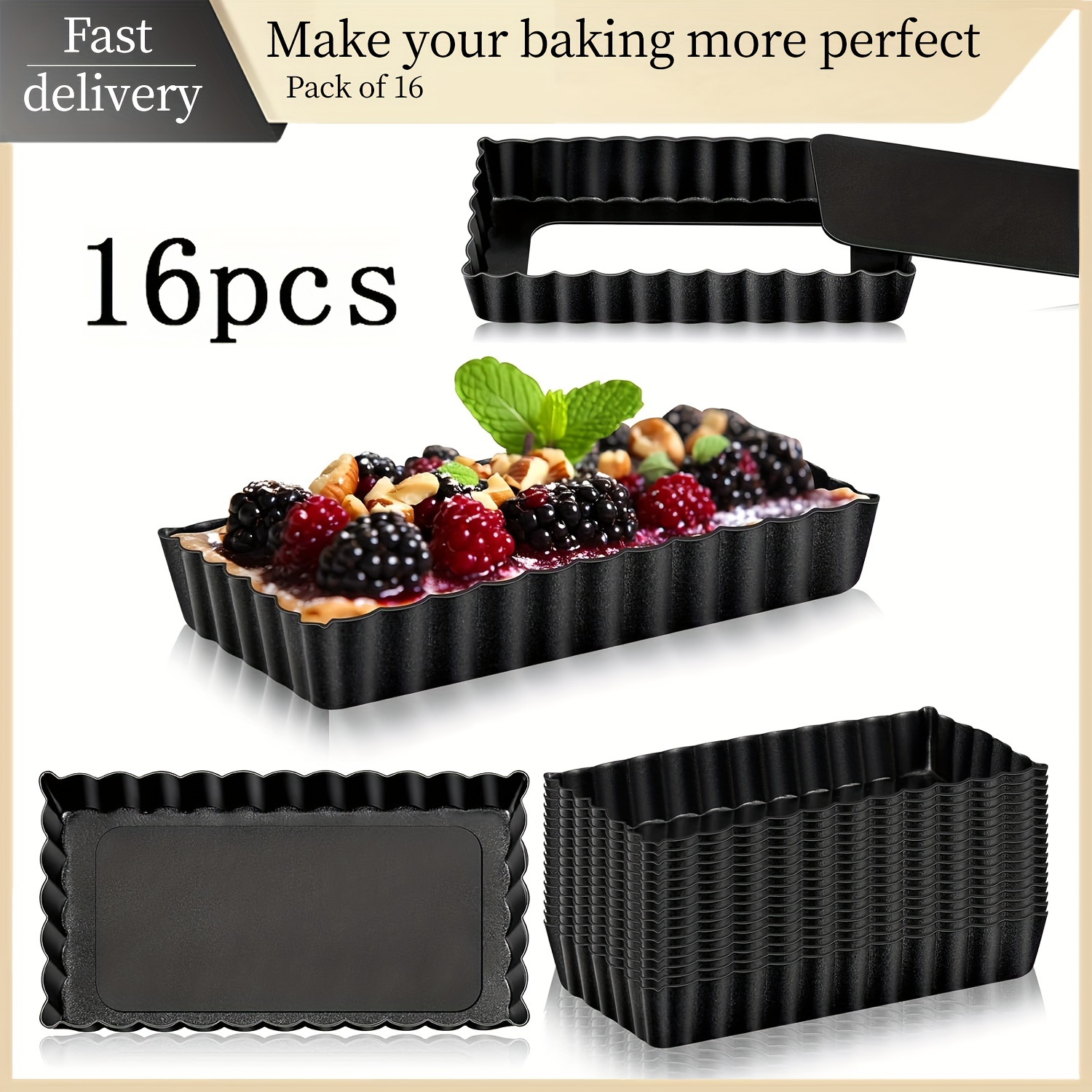 

Mini Tart Pan, Removable Bottom, 4-inch Rectangular Tart Mold, Set Of 16, Mini Tart Pan, Baked Tart Pan, Black