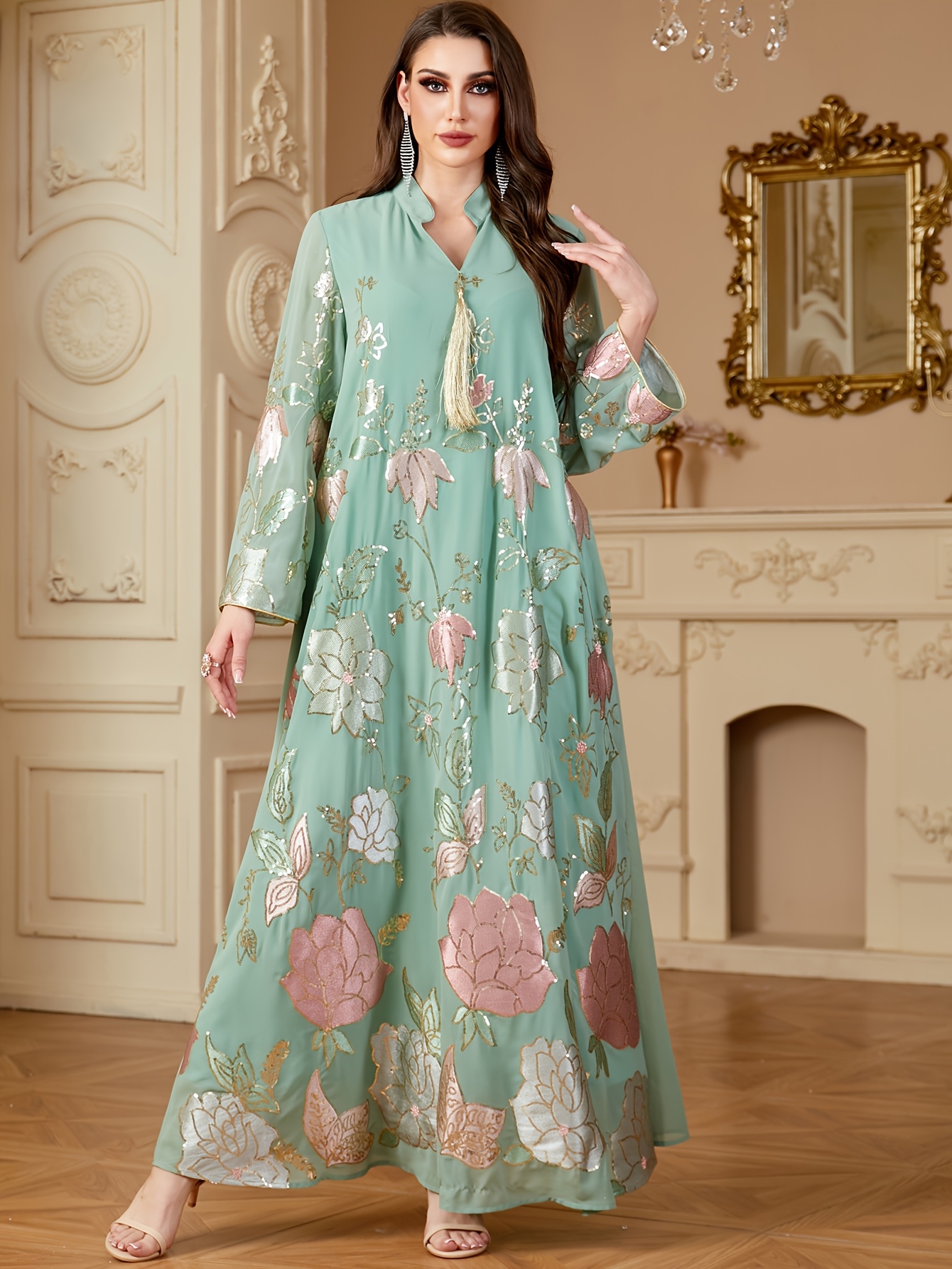 sachin and babi light blue dress print sequin embroidered long sleeve maxi dress tassel