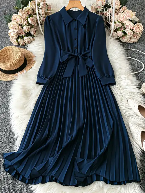 New Fashionable and Elegant Long Sleeve Dress with Lapel Collar, Bow Tie, Button Closure, and Pleated Hem, Over-the-Knee Length, Women's Autumn Dress New Fashionable and Elegant Long Sleeve Dress with Lapel Collar, Bow Tie, Button Closure, and Pleated Hem, Over-the-Knee Length, Women's Autumn Dress